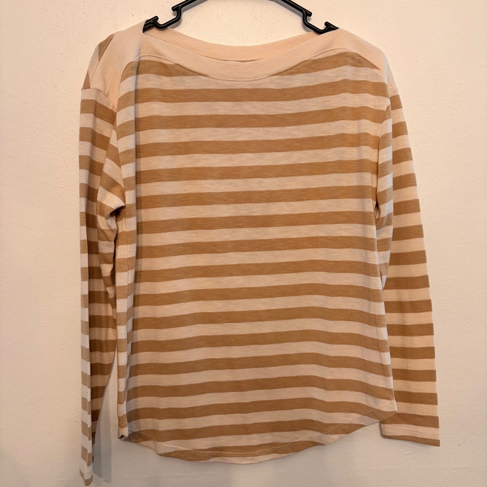 Loft Striped Top Women S Tan Cream Boat Neck Long Sleeve Casual BASICS